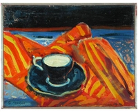 "The Black Cup on Orange Material", Zolita Sverdlove (1936-2009) Still Life Oil Painting