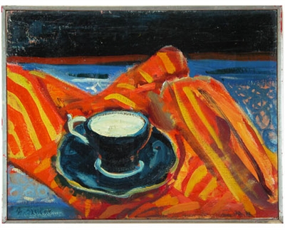 "The Black Cup on Orange Material", Zolita Sverdlove (1936-2009) Still Life Oil Painting