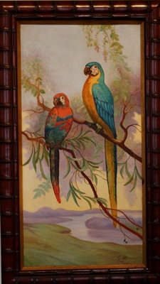 "Parrots", Original Vintage Oil Painting Circa 1920s