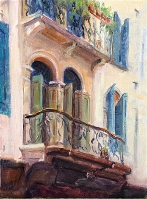 "Venetian Blue/Green Romantic Balcony", Nyla Witmore Oil Painting