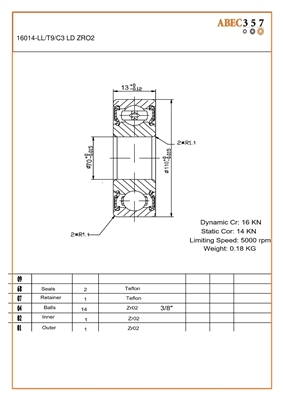 16014-LL/T9/C3 LD ZRO2, 70x110x13 MM, ABEC357, Full Ceramic, Zirconia ZrO2 Inner/Outer/Balls, PTFE Retainer, PTFE Seals, C3 Fit, Lube Dry.