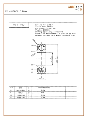 6001-LL/T9/C3 LD SI3N4, 12x28x8 MM, KIT10975, ABEC357, Full Ceramic, Silicon Nitride Si3N4 Inner/Outer/Balls, PTFE Retainer, PTFE Seals, C3 Fit, Lube Dry.