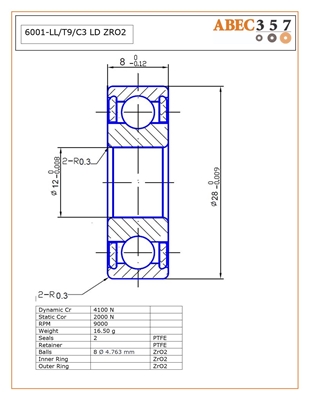 6001-LL/T9/C3 LD ZRO2, 12x28x8 MM, KIT10975, ABEC357, Full Ceramic, Zirconia ZrO2 Inner/Outer/Balls, PTFE Retainer, PTFE Seals, C3 Fit, Lube Dry.