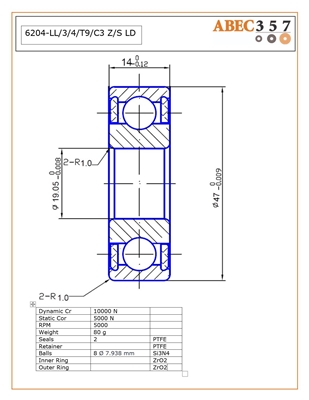 6204-LL/3/4/T9/C3 Z/S LD, 19.05x47x14 mm, ABEC357, Full Ceramic, Zirconia ZrO2 Inner/Outer, Grade 5 Si3N4 Ceramic Balls, Special 3/4" Bore, PTFE Retainer, PTFE Seals, C3 Fit, Lube Dry.