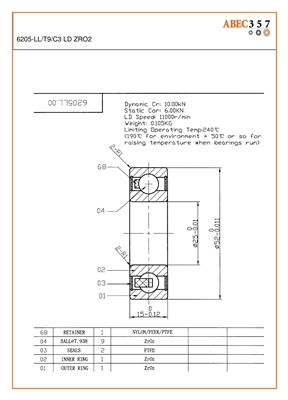 6205-LL/T9/C3 LD ZRO2, Seamers Canning Line, KIT8539, 6205-2RS-ZR02-ZR02-PTFE-12, 25x52x15 MM, ABEC357, Full Ceramic, Zirconia ZrO2 Inner/Outer/Balls, PTFE Retainer, PTFE Seals, C3 Fit, Lube Dry.