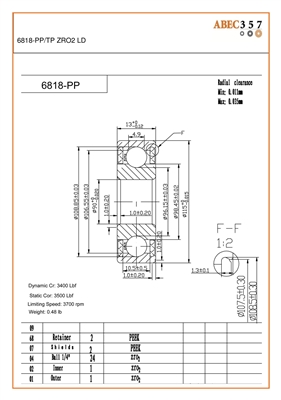 6818-PP/TP ZRO2 LD, 90x115x13 mm, ABEC357, Full Ceramic, Zirconia ZrO2 Inner/Outer/Balls, Peek Retainer, Peek Seals, ABEC #1, Lube Dry.