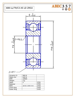 8x16x5 mm, 688-LL/T9/C3 #5 LD ZRO2, Radial Full Ceramic Bearings.