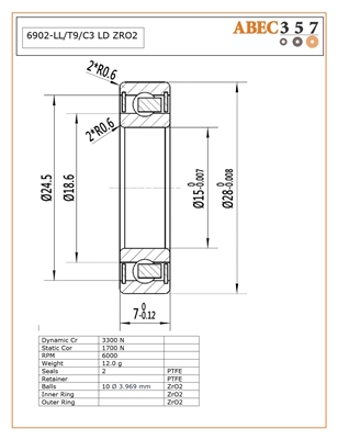 6902-LL/T9/C3 LD ZRO2, 15x28x7 MM,  KIT8795, KIT8795_1, FULL-6902-2RS-ZRO2-ZRO2-30, ABEC357, Full Ceramic, Zirconia ZrO2 Inner/Outer/Balls, PTFE Retainer, PTFE Seals, C3 Fit, Lube Dry.