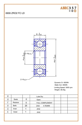 6906 ZRO2 FC LD, 30x47x9 MM, FULL-COMPLEMENT-6906-ZRO2-20, KIT8215, ABEC357, Full Ceramic, Zirconia ZrO2 Inner/Outer/Balls, Full Complement, Open, Lube Dry.