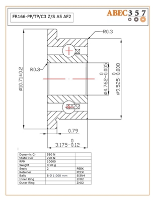 FR166-PP/TP/C3 Z/S #5 AF2,  KIT8452, 3/16" x 3/8" x 1/8", 0.1875x0.3750x0.1250F in, ABEC357, Full Ceramic, Flanged, Zirconia ZrO2 Inner/Outer, Grade 5 Si3N4 Ceramic Balls, Peek Retainer, Peek Seals, C3 Fit, ABEC #5, AF2 Oil Lube.