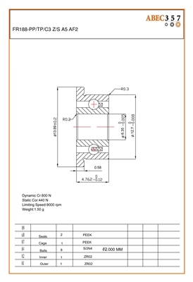 FR188-PP/TP/C3 Z/S A5 AF2, 1/4" x 1/2" x 3/16F", .2500x.5000x.1875F,  FR188-PP/TP/C3 Z/S #5 SRI-2, KIT8450, FR188-PP/TP/C3 Z/S #3 SRI-2, ABEC357, Full Ceramic, Flanged.