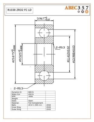 R1038 ZRO2 FC LD, â€‹3/8"x5/8"x5/32"â€‹, 0.3750x0.6250x0.1562 in, KIT7729, ABEC357, â€‹ Full Ceramic, Zirconia ZrO2 Inner/Outer/Balls, Full Complement, Open, Lube Dry.