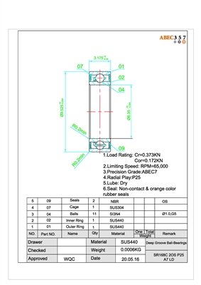 SR168C-2OS #7 LD, 1/4"x3/8"x1/8", islander steelheader bearing upgrade, 440C stainless steel races, Ceramic Si3N4 Grade 5 balls, Stainless steel crown retainer, Removal non contact orange color rubber seals, Radial Play P25, ABEC #7, Lube Dry.