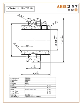 UC204-12 LL/T9 Z/S LD, 19.05x47x31/16 mm, ABEC357, Full Ceramic Insert 3/4" Bore, ZrO2 Inner/Outer, Si3N4 Balls, PTFE Retainer, PTFE Seals, Set Screw Lock, Lube Dry.