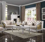 House Marchese 2 Piece Sofa Set in Pearl White PU, Two Tone Beige Fabric, Gold & Pearl Gray Finish by Acme - 58865-S