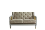 House Marchese Loveseat in Pearl White PU, Two Tone Beige Fabric, Gold & Pearl Gray Finish by Acme - 58866
