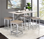 Raine 5 Piece Counter Height Dining Set in Beige Velvet, Antique White & Chrome Finish by Acme - 74005