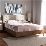 Alinia Platform Bed in Light Beige Fabric and Walnut Finish by Baxton Studio - BAX-BBT6557-Queen-Light Beige