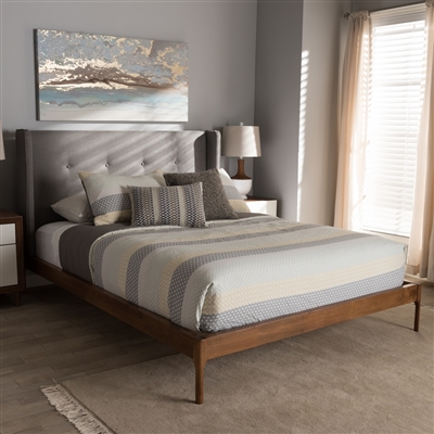 Brooklyn Platform Bed in Walnut and Grey Fabric Finish by Baxton Studio - BAX-BBT6653-Grey-Queen-XD45