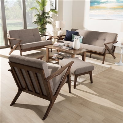 Bianca Mid-Century Modern Light Grey 4-Piece Living Room Set by Baxton Studio - BAX-Bianca-Light Grey/Walnut Brown-4PC-Set