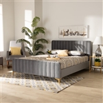 Nami Platform Bed in Light Grey Velvet Fabric and Gold Finish by Baxton Studio - BAX-CF0374-Light Grey-Queen