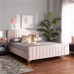 Nami Platform Bed in Light Pink Velvet Fabric and Gold Finish by Baxton Studio - BAX-CF0374-Light Pink-Queen