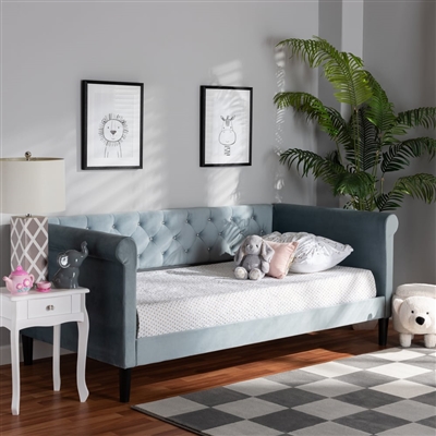 Cora Daybed in Light Blue Velvet Fabric and Dark Brown Finish by Baxton Studio - BAX-Cora-Light Blue Velvet-Daybed-Twin