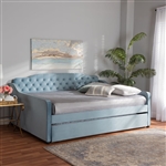 Freda Daybed with Trundle in Light Blue Velvet Fabric Finish by Baxton Studio - BAX-Freda-Light Blue Velvet-Daybed-Q/T