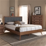 Ines Platform Bed in Dark Grey Fabric and Walnut Brown Finish by Baxton Studio - BAX-Ines-Dark Grey/Ash Walnut-Queen