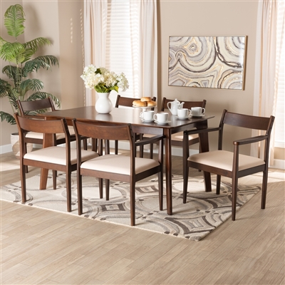 Coretta 7 Piece Dining Room Set in Cream Fabric and Dark Brown Finish by Baxton Studio - BAX-Lola-Beige/Cappuccino-7PC