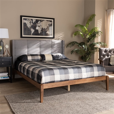 Edmond Platform Bed in Grey Fabric and Ash Walnut Brown Finish by Baxton Studio - BAX-MG0019-Grey/Ash Walnut-Queen