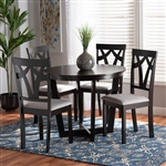 Telma 5 Piece Round Table Dining Room Set in Grey Fabric and Dark Brown Finish by Baxton Studio - BAX-Telma-Grey/Dark Brown-5PC