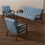 Asta Mid-Century Modern Light Blue Velvet 3-Piece Living Room Set by Baxton Studio - BAX-Togo-Light Blue Velvet/Walnut-3PC SF Set