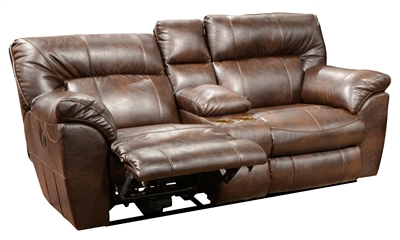 Carmine POWER Lay Flat Reclining Console Loveseat in Chestnut, Godiva, or Putty Leather by Catnapper - 64159