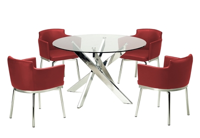 Dusty 5 Piece Round Dining Room Set with Red PU Chairs by Chintaly - CHI-DUSTY-5PC-RED