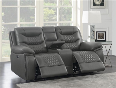 Flamenco Power Reclining Console Loveseat in Charcoal Breathable Performance Leatherette by Coaster - 610205P