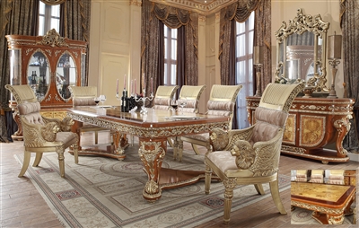 European Carved Bright Gold & Medium Golden Tan Finish 7 Piece Dining Room Set by Homey Design - HD-8024-DT