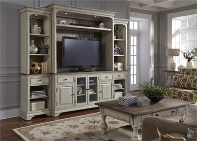 Morgan Creek 4 Piece Entertainment Wall in Antique White Finish with Wire Brushed Tobacco Accents by Liberty Furniture - 498-ENTW-ECP