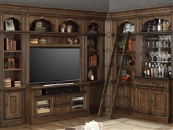 Aria 60 Inch TV Console 8 Piece Entertainment Bar Bookcase Library Wall in Antique Vintage Smoked Pecan Finish by Parker House - ARI-412-08