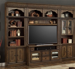 Aria 60 Inch TV Console 4 Piece Entertainment Wall in Antique Vintage Smoked Pecan Finish by Parker House - ARI-430-04