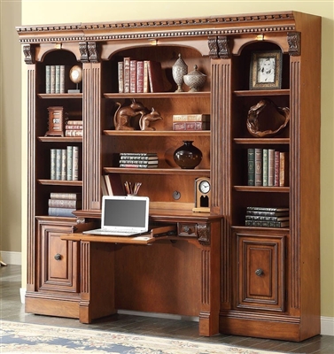 Huntington 4 Piece Small Library Wall with Desk in Antique Vintage Pecan Finish by Parker House - HUN-460-2-4