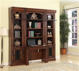 Leonardo 3 Piece Bookcase Library Wall with Desk in Antique Vintage Dark Chestnut Finish by Parker House - LEO-476-2-3