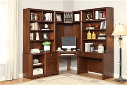 Napa Corner Desk 7 Piece Modular Corner Bookcase Home Office Library Wall in Bourbon Finish by Parker House - NAP-970-7