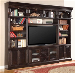 Venezia 4 Piece 60-Inch TV Console Bookcase Entertainment Library Wall in Vintage Burnished Black Finish by Parker House - VEN-402-4