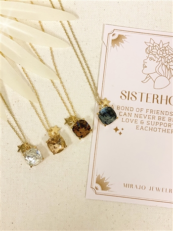 Four different Mirajo jewelry Sisterhood necklaces on light background