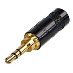 REAN NEUTRIK NYS231BG 3 POLE STEREO 3.5MM GOLD METAL PLUG,  BLACK HOUSING, CRIMP STRAIN RELIEF, SOLDER TABS