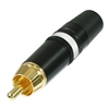 REAN NEUTRIK NYS373-9 PREMIUM RCA PHONO PLUG WITH GOLD      PLATED CONTACTS, BLACK METAL HOUSING & WHITE STRIPE