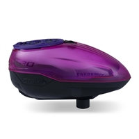 A Bunkerkings CTRL 2 electronic paintball loader in the crystal purple and black colorway.