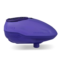 A Bunkerkings CTRL 2 electronic paintball loader in the all dark purple colorway.