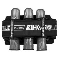 An HK Army Zero-GX paintball harness. The harness has a 3+2+4 capacity and is black with white accents.